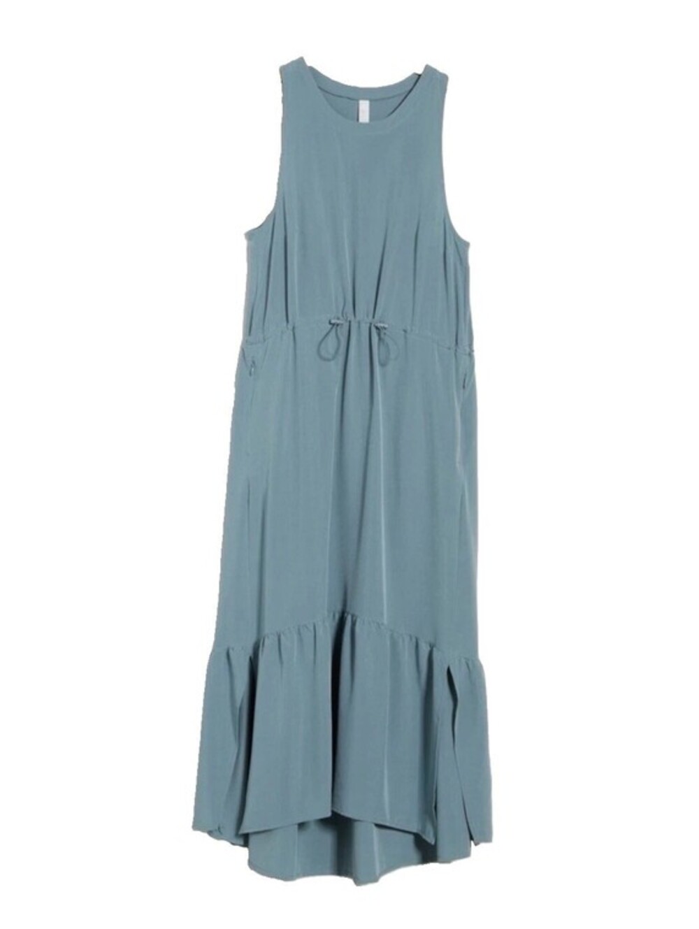 $79 Zella Pursuit Tiered Midi Dress L Blue Goblin Drawstring Pockets Athleisure
